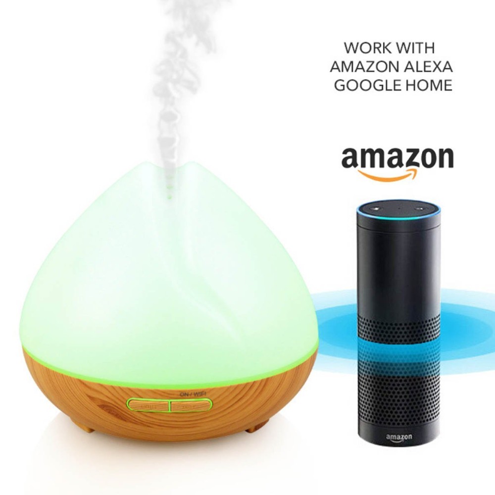 400ml Google Alexa App Wifi Smart Home Appliance Wood Grain 7 Colors Changing Essential Oil Aroma Diffuser