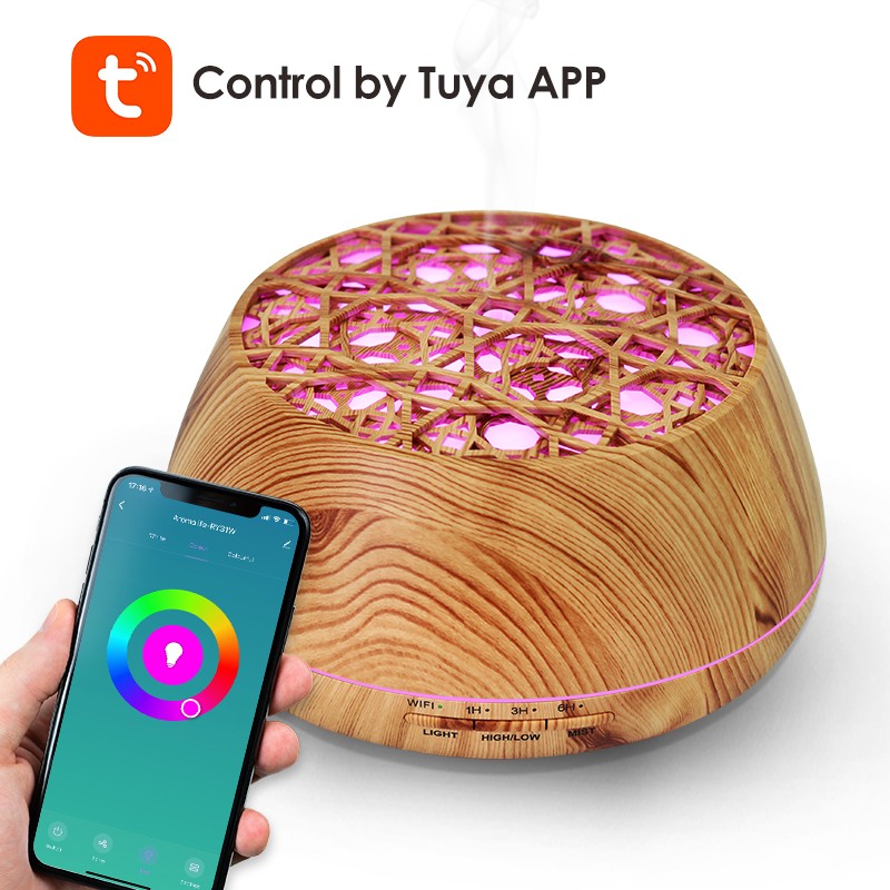 Tuya Smart Wifi App Control Alexa Essential Oil Diffuser Wood Grain 400ml Ultrasonic Humidifier for Home